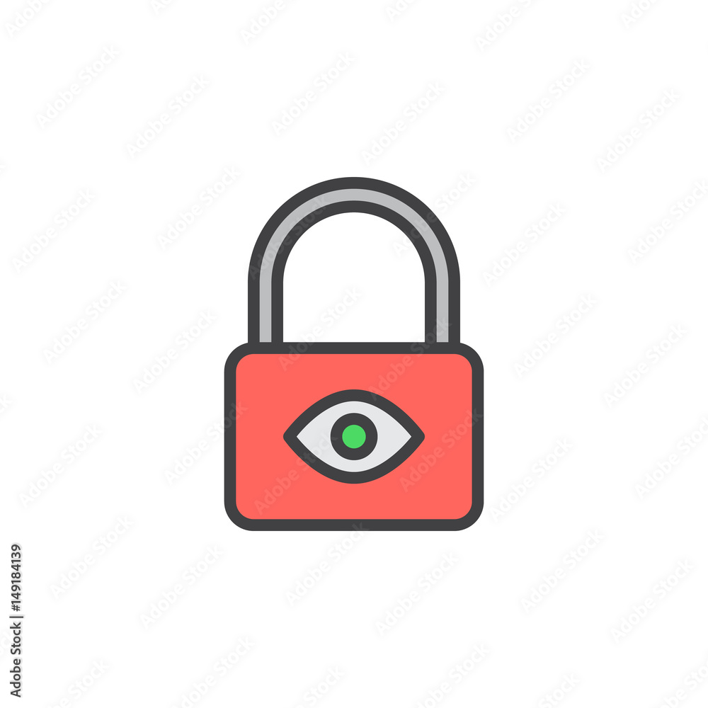 Lock with eye filled outline icon, line vector sign, linear colorful pictogram. Privacy protection symbol, logo illustration. Pixel perfect Lock with eye filled outline icon, line vector sign, linear colorful pictogram. Privacy protection symbol, logo illustration. Pixel perfect