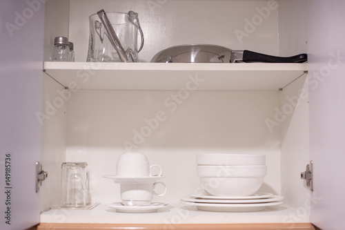 Kitchen interior with knifes set  sink  pots and pans