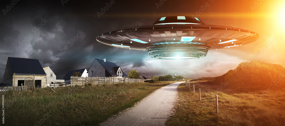 Naklejka premium UFO invasion on planet earth landascape 3D rendering
