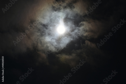 雲から透けて見える太陽「雲のモンスターの顔（太陽が目）」睨む、眼光鋭い、威嚇、怖いなどのイメージ