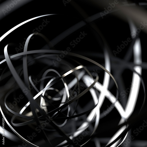 Abstract futuristic shape with metal rings on black background