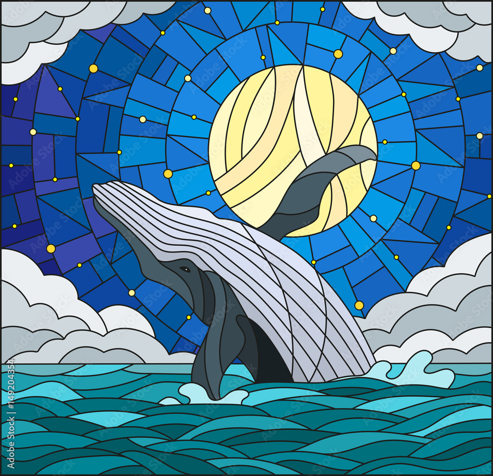 Obraz premium Illustration in stained glass style with a whale on the background of water ,cloud, starry sky and moon