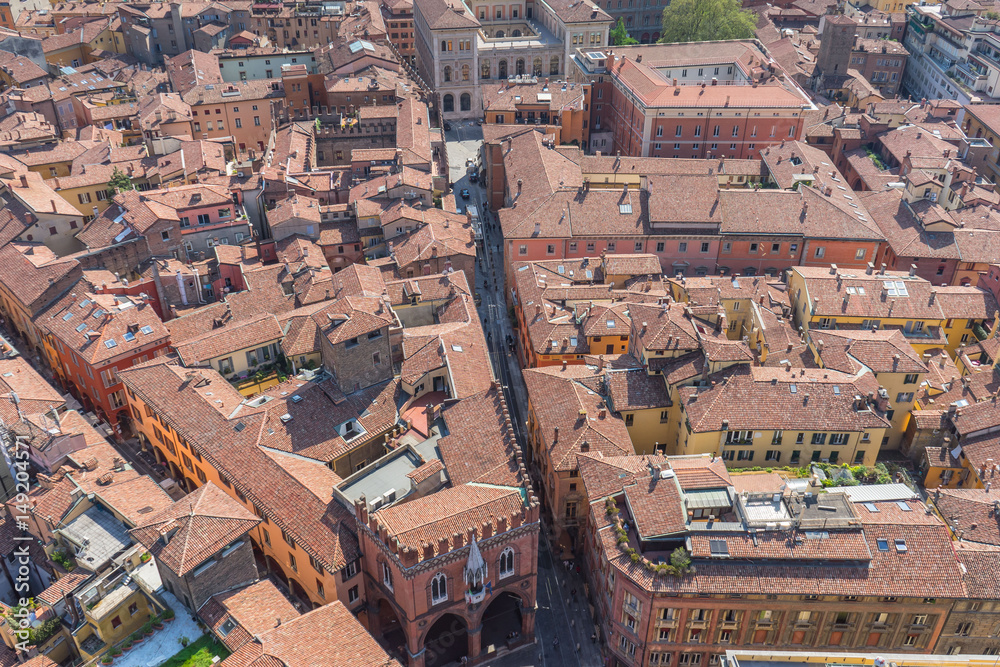 Scenic aerial view of Bologna rooftops and streets, Italu