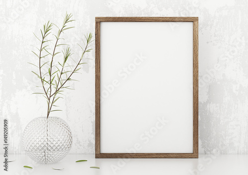 Vertical frame poster mock up with green plant in vase white stucco wall background. 3d rendering.