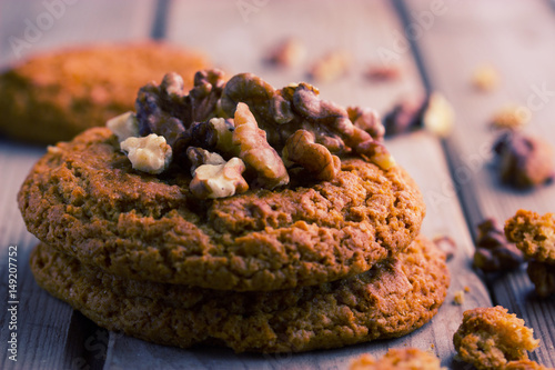 Delicious chocolate cookies with nuts photo