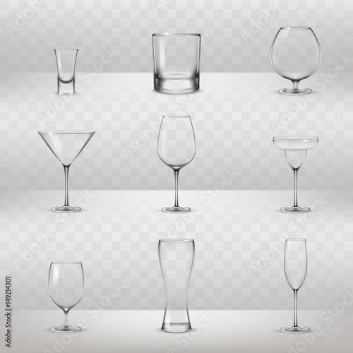 Set of vector illustrations of glasses for alcohol and other drinks in a realistic style
