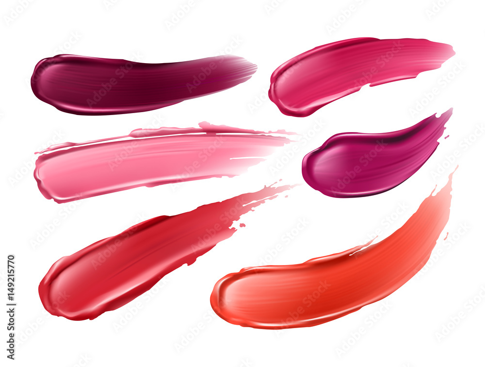 Vector illustration of a collection of strokes of lipsticks various colors isolated on white. Elements of the design of advertising posters, leaflets for the promotion of decorative cosmetics Vector illustration of a collection of strokes of lipsticks various colors isolated on white. Elements of the design of advertising posters, leaflets for the promotion of decorative cosmetics