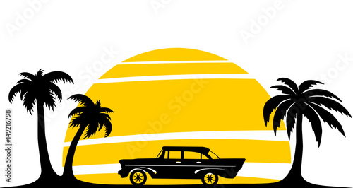 Silhouette Oldtimer und Palmen