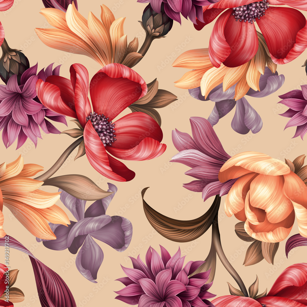 Obraz premium seamless floral pattern, wild red purple flowers, botanical illustration, colorful background, textile design