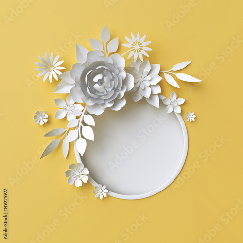 Download 3d Render Digital Illustration Digital Illustration White Paper Flowers On Yellow Background Easter Floral Composition Wedding Card Quilling Mother S Day Round Frame Blank Banner Stock Illustration Adobe Stock