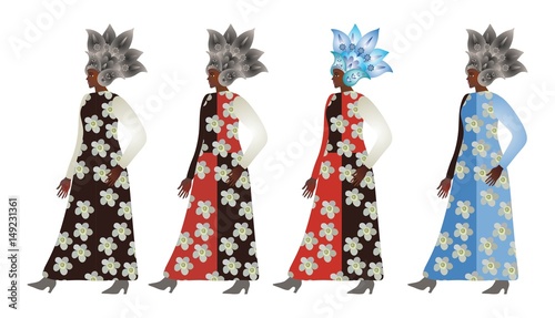 Abstract models african females in paisley metallic helmets and dresses with floral prints. Fashion week. Logo women shop.