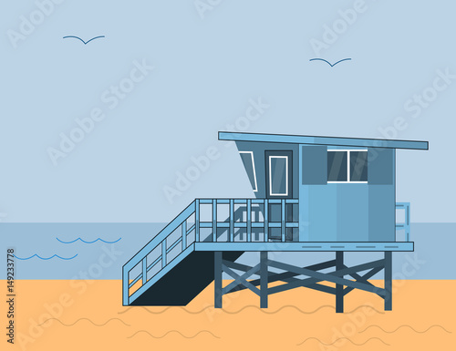 Sea Side Summer Landscape With Lifeguard House on a Beach and Blue Sea With Sky in Flat Design.