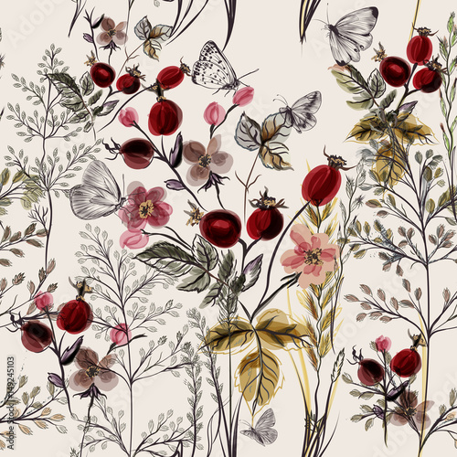 Flower vector pattern with plants. Vintage provance style