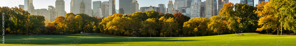 Panoramic view of Central Park South from Sheep Meadow in early morning sunlight. Midtown skyscrapers. Manhattan, New York City