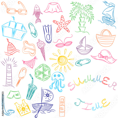 Summer Time. Hand Drawings of Summer Vacancies Symbols. Colorful Doodle Boats, Ice cream, Palms, Hat, Umbrella, Jellyfish, Cocktail, Sun. Vector Illustration.