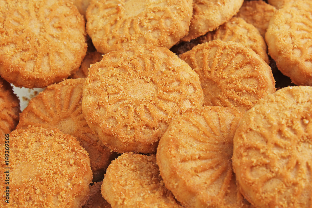  Biscuit sweet cookie craker background. Domestic stacked butter biscuit pattern concept. Biscuits texture close up macro. Food photo studio photography.