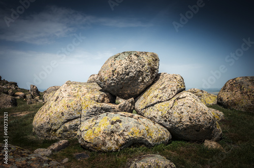 Rocks formations in Dobrogea, Tulcea county, Romania. Naturally formed piles of large rocks in Macin Mountain the olders alps in Europe