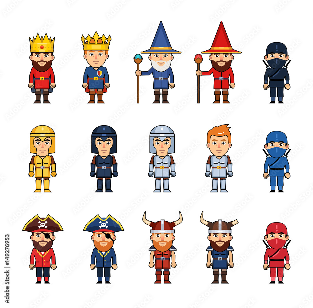 Set of diverse medieval fantasy characters. Funny figures of king, prince,  wizard, ninja, knight, crusader, pirate and viking. Simple style vector  illustration Stock Vector | Adobe Stock