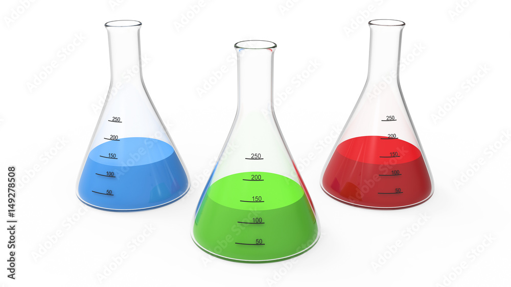 3D rendering illustration chemistry bulb with a green, red, blue liquid 3D rendering illustration chemistry bulb with a green, red, blue liquid