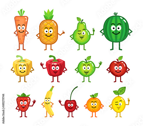 Set of diverse fruit and vegetable cartoon characters. Cheerful carrot, pineapple, apple, banana, strawberry, orange, lemon, watermelon, cherry and other characters. Simple style vector illustration