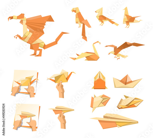 Set of diverse origami paper animals, cars, toys and other elements. Paper birds, dragon, car, ship. Origami creation process. Simple vector illustration photo