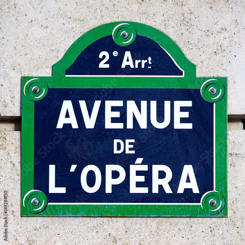 Photography Avenue de L'Opera street sign in Paris