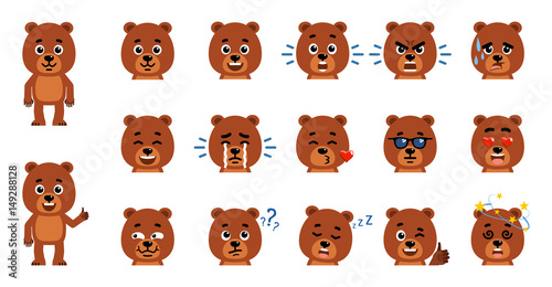 Set of cartoon teddy bear emoticons. Funny bear cub avatars showing diverse facial expressions. Happy, sad, smile, laugh, surprised, serious and other emotions. Flat style vector illustration