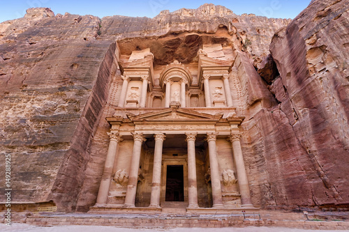Frontal view of "The Treasury", one of the most elaborate temples in the ancient Arab Nabatean Kingdom city of Petra, Jordan. This structure was carved out of a sandstone rock face