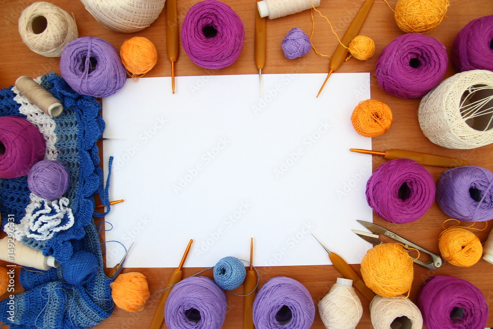 Crocheting. Knitting and crochet tools - obrazy, fototapety, plakaty 