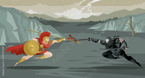Canvas Print spartan soldier clash against persian ninja warrior