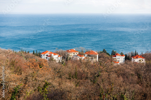 Houses on the shore of the Black sea. South part of Crimea island. Russia.
