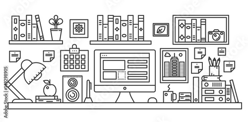 Linear office table with computer workspace and other equipment in office interior illustration. Thin line web banner template.