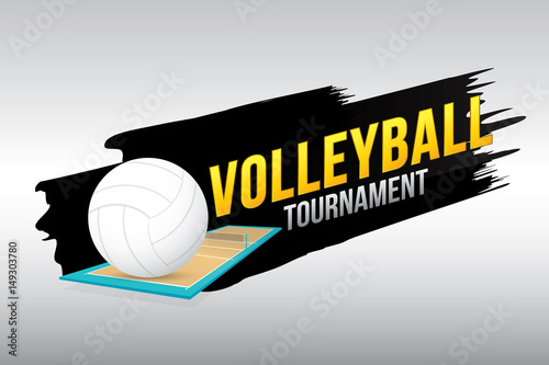 Volleyball tournament badge design with ball and court.