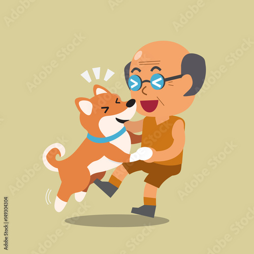 Cartoon senior man with shiba inu dog