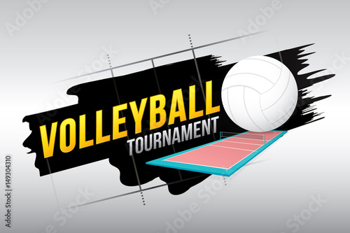 Volleyball tournament badge design with ball and court.