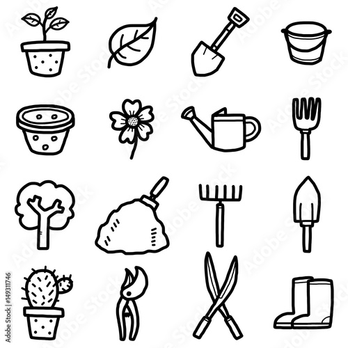 gardening objects, icons set / cartoon vector and illustration, hand drawn style, black and white, isolated on white background.