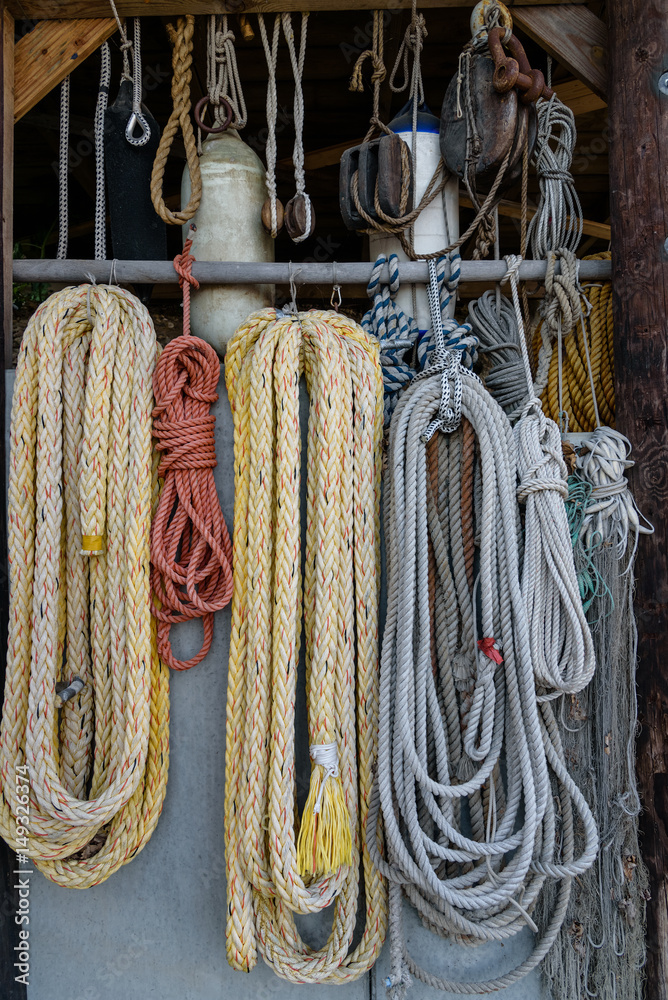 Ships rigging, ropes, fishing nets, rope ladders. Vertical