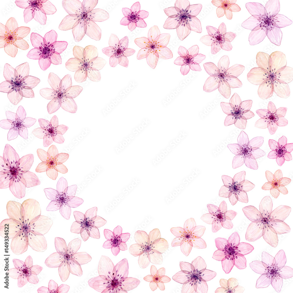 Hand painted watercolor circle frame made with tender pink spring flowers  isolated on white.