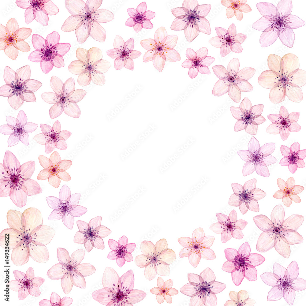 Hand painted watercolor circle frame made with tender pink spring flowers isolated on white. Hand painted watercolor circle frame made with tender pink spring flowers isolated on white.