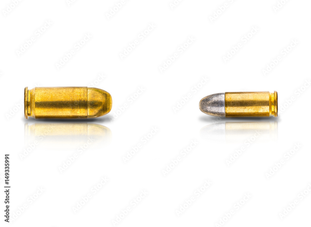 Two diffirent size bullets, 9mm and 11mm bullets on white background Two diffirent size bullets, 9mm and 11mm bullets on white background