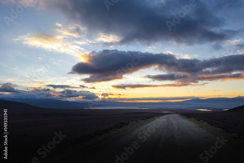 Sunset on altiplano mountains road in sud Lipez reserva  Bolivia