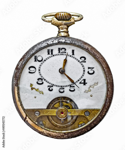 Vintage pocket watch isolated on a white background, top view.