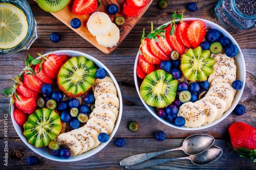 Breakfast bowl: oatmeal with banana, kiwi, strawberry, blueberries and chia seeds