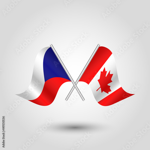 vector waving simple triangle two crossed czech and canadian flags on slanted silver pole - icon of czech republic and canada