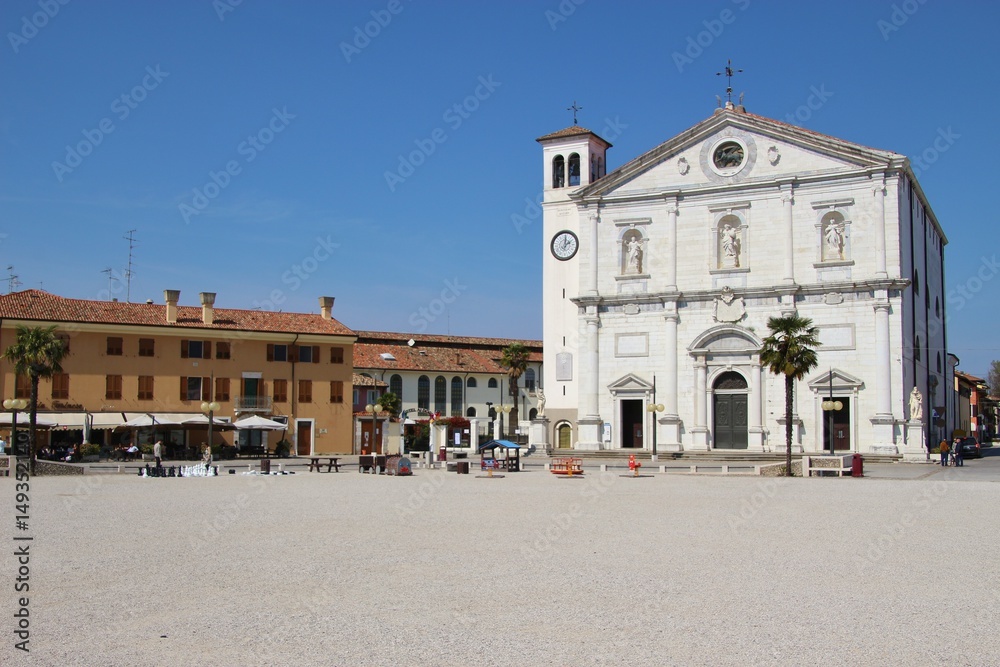 The late renaissance cathedral of Palmanova, Italy, situated on the main square Piazza Grande. Erected in 1636. The town Palmanova was built up by the Venetians in 1593. Northeastern Italy, Europe.