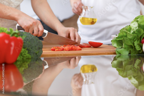 Closeup of two women are cooking in a kitchen. Friends having fun while preparing fresh salad.