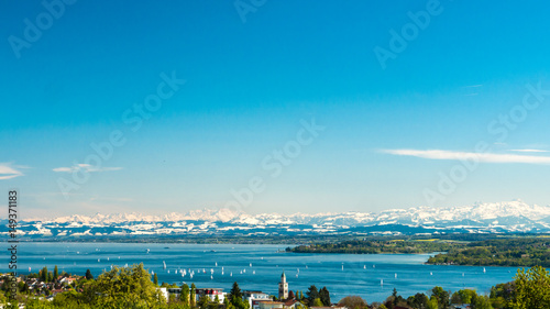 Panoramic view of lake of Lake Constance with Apple Blossoms
