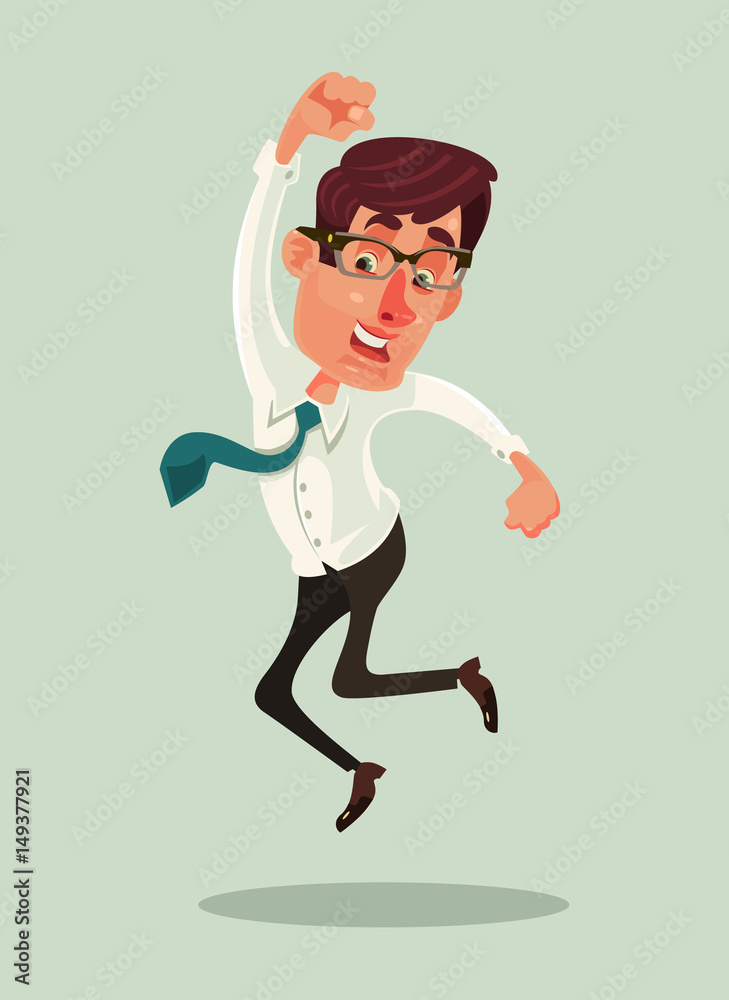 Happy smiling businessman office worker mascot character jump. Vector flat cartoon illustration