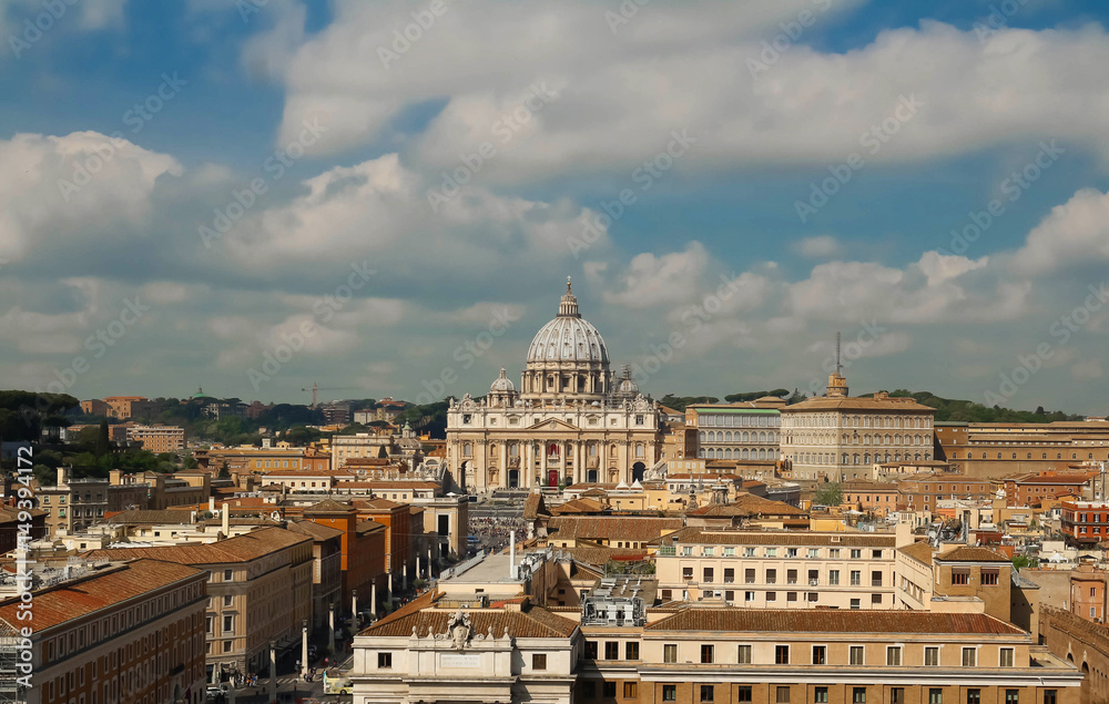 Panoramic cityscape of Rome with Saint Peter`s Basilica , Rome, Italy.