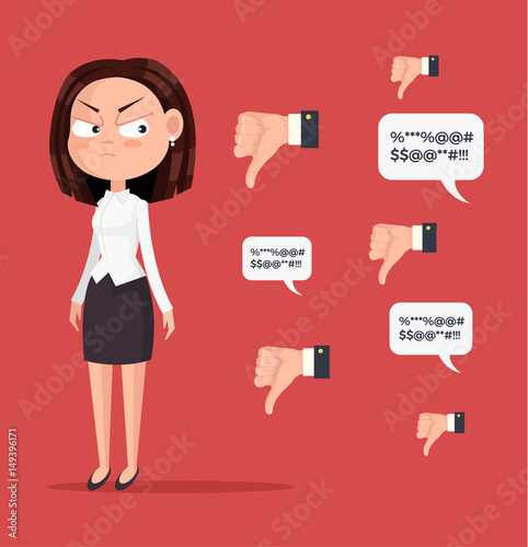 Sad unhappy unsuccessful business woman office worker character mascot. Negative feedback dislike. Bad comments. Vector flat cartoon illustration